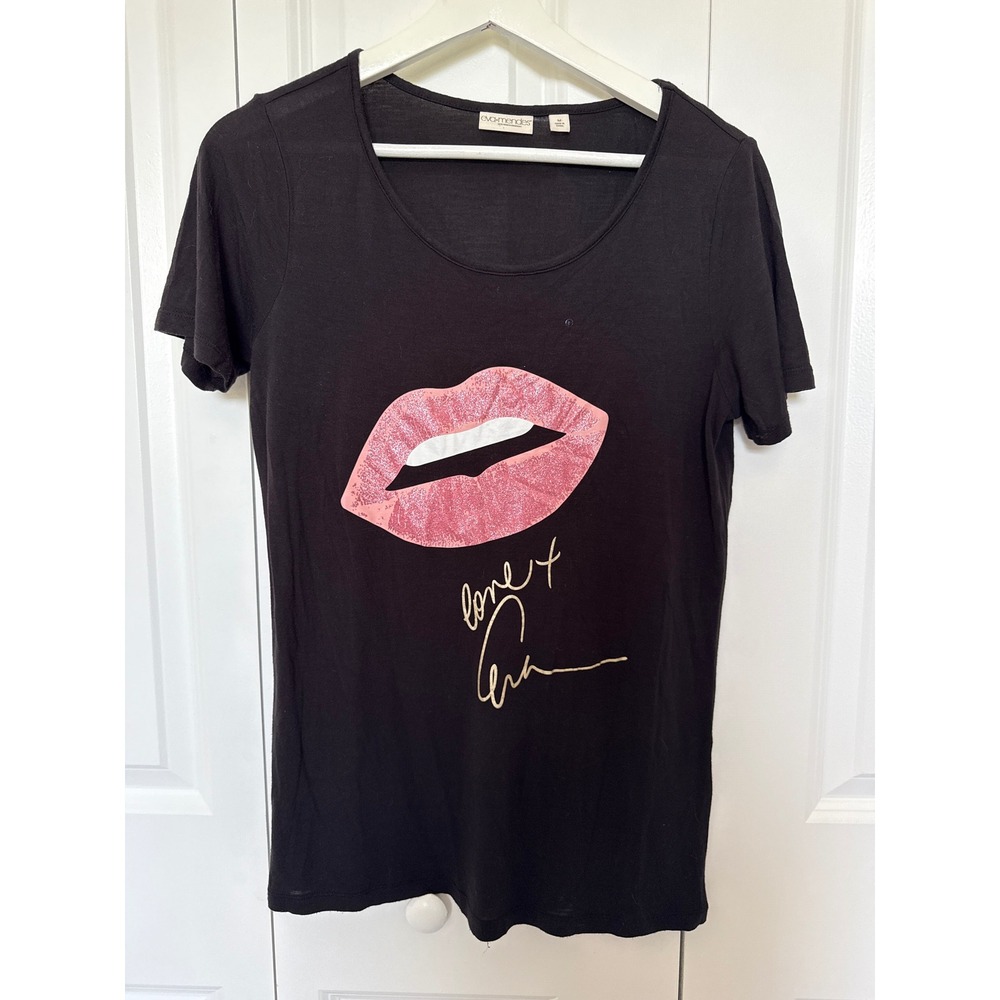 Eva Mendes New York & Company Black Lip Graphic Tee Pink Glitter Vintage M